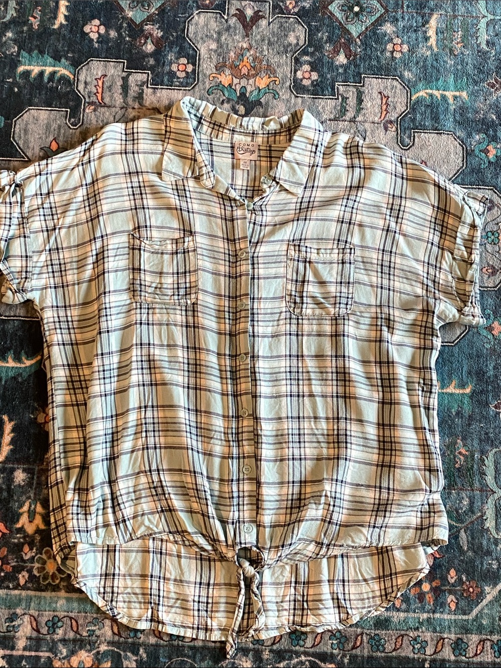 Como Vintage Plaid Button-Down Tie Front Shirt
